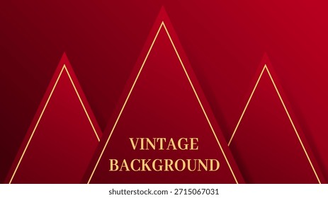 Fundo abstrato vermelho com três formas triangulares 3D, sombras suaves e linhas douradas. Composição geométrica elegante com profundidade e contraste.