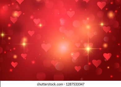 Red abstract background. true backlit dust particles and real lens. shine of lights. Abstract festive vintage lights defocused. Red hearts. Valentine's Day