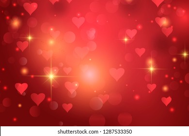 Red abstract background. true backlit dust particles and real lens. shine of lights. Abstract festive vintage lights defocused. Red hearts. Valentine's Day