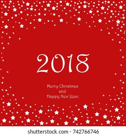 Red abstract background with white particles, like snow and white elegant line and asterisks for use at Christmas or New Year 2018