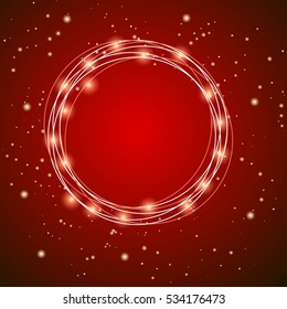 Red abstract background with yellow particles, like snow with bright lights and glowing circular garland with lights for use at Christmas or New Year's banners flyers greeting cards. Vector image