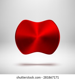 Red abstract badge, blank button template with metal texture (chrome, steel, copper), realistic shadow and light background for web user interfaces, UI, applications and apps. Vector illustration.
