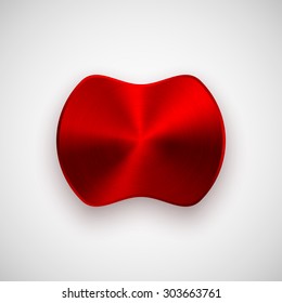 Red abstract badge, blank button template with metal texture (chrome, steel, copper), realistic shadow and light background for web user interfaces, UI, applications and apps. Vector illustration.