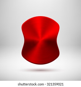 Red abstract badge, blank button template with metal texture (chrome, steel, copper), realistic shadow and light background for web user interfaces, UI, applications and apps. Vector illustration.