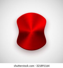 Red abstract badge, blank button template with metal texture (chrome, steel, copper), realistic shadow and light background for web user interfaces, UI, applications and apps. Vector illustration.