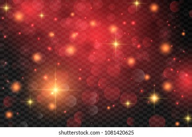 Red abstract bokeh background. real backlit dust particles with real lens flare. glitter lights . Abstract Festivevintage lights defocused. Christmas and New Year feast.