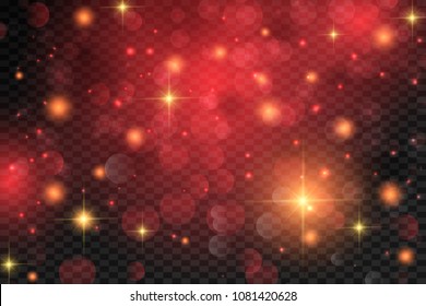 Red abstract bokeh background. real backlit dust particles with real lens flare. glitter lights . Abstract Festivevintage lights defocused. Christmas and New Year feast.