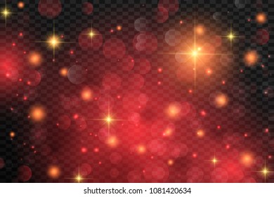Red abstract bokeh background. real backlit dust particles with real lens flare. glitter lights . Abstract Festivevintage lights defocused. Christmas and New Year feast.