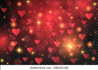Red abstract bokeh background. real dust particles with backlighting with a real flash of the lens. with red hearts shining lights. Abstract Festive antique lights are defocused. Happy Valentine's Day