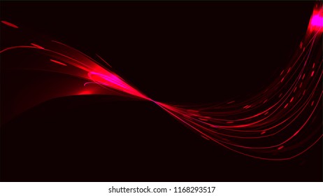 Red abstract bright magical cosmic bright glowing light texture background of strips, energetic lines, threads intertwined together and copy space. Vector illustration.