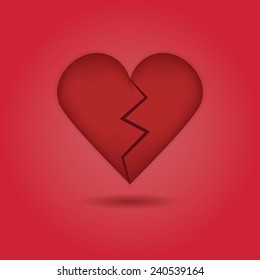Red abstract broken heart icon with drop shadow on red gradient background
