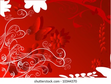 red abstract with buterflys and flowers