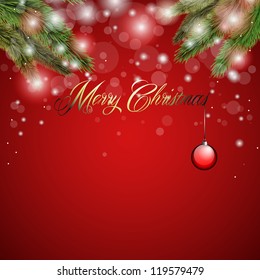 Red abstract Christmas background with white snowflakes branches and a red ornament.