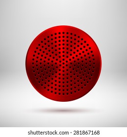 Red abstract circle badge, audio button template with circle perforated speaker grill pattern, metal texture (chrome, steel, copper), realistic shadow and light background. Vector illustration.
