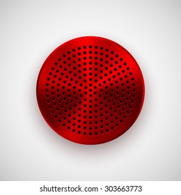 Red abstract circle badge, audio button template with circle perforated speaker grill pattern, metal texture (chrome, steel, copper), realistic shadow and light background. Vector illustration.