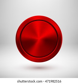 Insignia geométrica abstracta roja del círculo, Plantilla perforada del Botón de la tecnología con la textura del metal, cromo, plata, acero, bronce y sombra realista para el logotipo, diseño, Web, App. Ilustración vectorial.