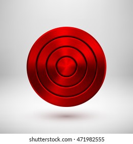 Red abstract circle geometric badge, technology perforated button template with metal texture, chrome, silver, steel, bronze and realistic shadow for logo, design, web, apps. Vector illustration.
