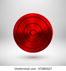 Red abstract circle geometric badge, technology perforated button template with metal texture, chrome, silver, steel, bronze and realistic shadow for logo, design, web, apps. Vector illustration.