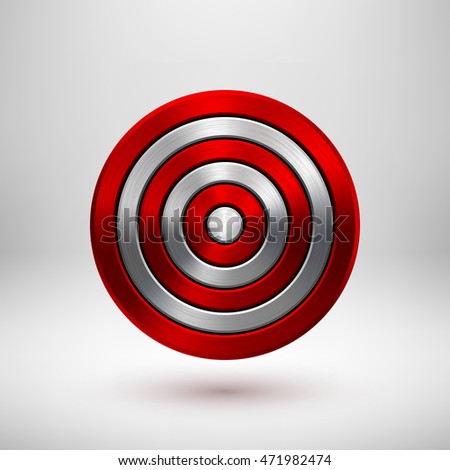 Red abstract circle geometric badge, technology perforated button template with metal texture, chrome, silver, steel, bronze and realistic shadow for logo, design, web, apps. Vector illustration.