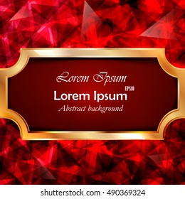 Red abstract composition, event info text, elegant geometric font texture, creative ruby figure icon, ruby crystal facets with golden frame