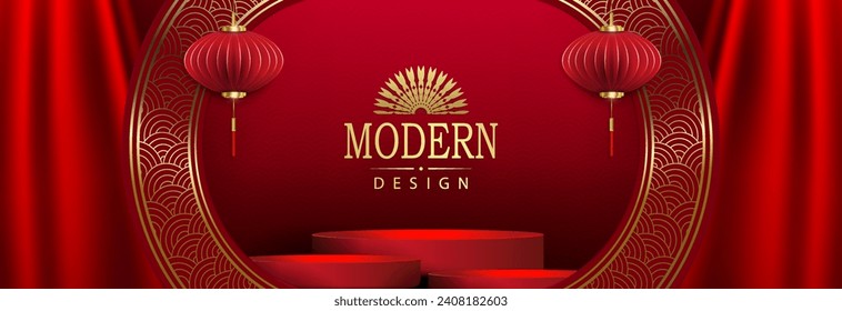 Red abstract composition with stage, round frame and curtains.