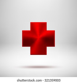 Red abstract cross badge, blank button template with metal texture (chrome, silver, steel), realistic shadow and light background for web interfaces, UI, applications and apps. Vector illustration.