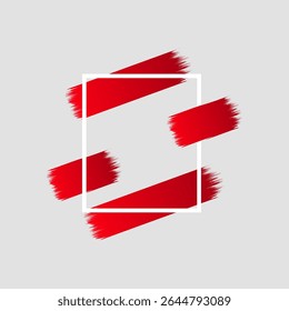 Design abstrato vermelho com traçados de pincel dentro de um quadro retangular branco. O fundo é um simples cinza. Estética moderna e minimalista.