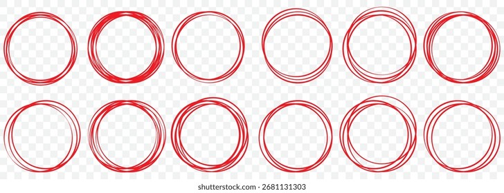 Círculos de Doodle Abstractas rojos: Formas de trazo dibujadas a mano en formato EPS sobre fondo transparente. EPS 10.