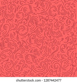 red abstract doodle hand drawn pattern, chaotic wavy lines, curl, scroll background. Seamless pattern for design wallpapers, pattern fills, print, web page, surface textures. wrapping paper textiles.