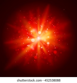 Red abstract explosion bokeh light rays and sparkles. Isolated on a black background. Empty space for text. Detailed vector illustration. 