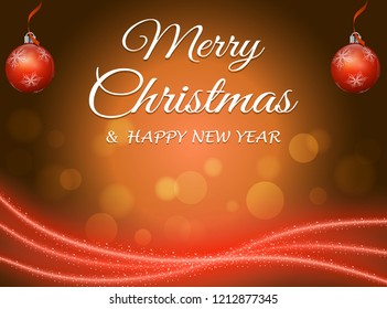 Red abstract festive background, with christmas tree ornaments, ribbons, bokeh and glowing waves. Merry Christmas and New Year text. Vector eps 10.