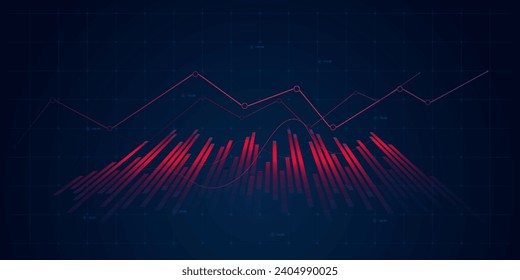 Gráfico financiero abstracto rojo con gráfico de tendencia ascendente y números en el mercado de valores sobre fondo de color azul oscuro degradado