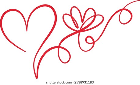 Red abstract floral heart swirl ink flourish, decorative romantic element, isolated