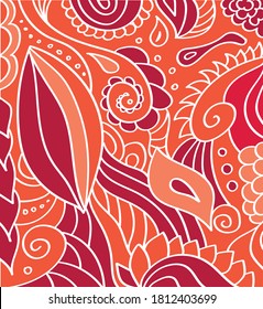 Red abstract floral ornament. Oriental doodle decoration pattern with flowers, spirals and waves. Ethnic vector illustration. 