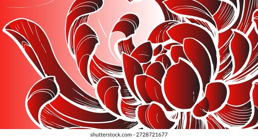  Ilustración de flores abstractas rojas con pétalos curvos que fluyen y bordes de alto contraste. Obra de arte moderna y enérgica ideal para branding, revistas, carteles, 