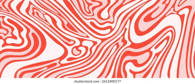 Red Abstract Fluid Pattern with Organic Lines and Topographic Texture on Light Background. Dynamic design in retro groovy style. Perfect for modern prints, branding, and wall decor