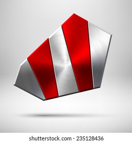 Red abstract geometric badge, blank button template with metal texture (chrome, silver, steel), realistic shadow and light background for user interfaces, UI, applications and apps. Vector.