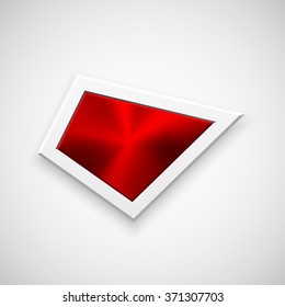 Red abstract geometric badge, blank button template with metal texture, chrome, silver, steel, realistic shadow and light background for design concepts, interfaces, banners, apps. Vector illustration