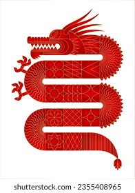 Red abstract geometric chinese dragon. Modern shape design. Zodiac sign. Sacred animal. Bauhaus tile motif. Line flat vector illustration. Template for greeting card, banner, poster.