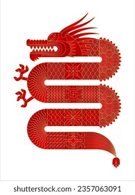 Red abstract geometric chinese dragon. Modern shape design. Zodiac sign. Sacred animal. Bauhaus tile motif. Line flat vector illustration. Template for greeting card, banner, poster.