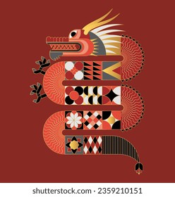 Dragón geométrico chino abstracto rojo. Diseño moderno. Signo zodiaco. Animal sagrado. Motivo de baldosas de Bauhaus. Ilustración vectorial plana de línea. Plantilla para tarjeta de saludo, banner, afiche.