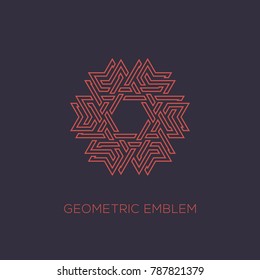 Red abstract geometric emblem template design with overlapping elements on a dark background. Vector illustration.