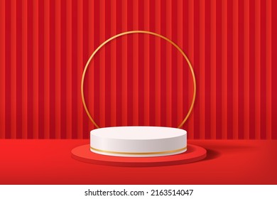 roter abstrakter geometrischer Hintergrund und weißes rundes Podium mit goldenem Ringbogen für das Display, chinesischer Neujahrsbanner, Vektorgrafik