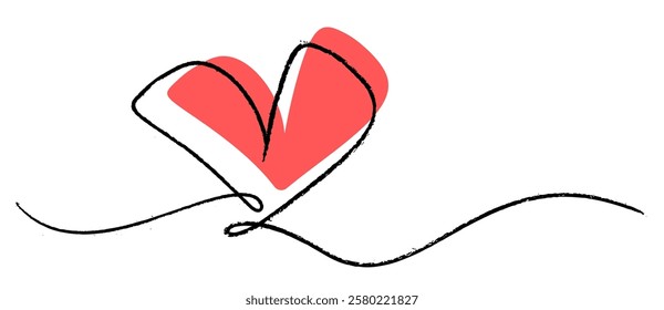 Red abstract heart with bold black outlines and flowing artistic line on white background. Vector illustration.