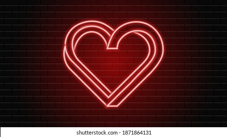 
Red abstract heart on brick wall background Neon glow heart Happy Valentine's Day