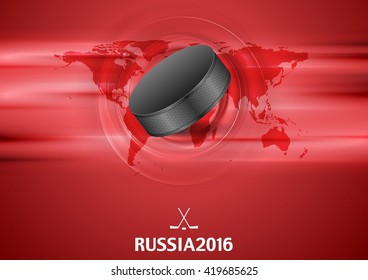 Red abstract hockey background with black puck. Vector graphic winter sport design