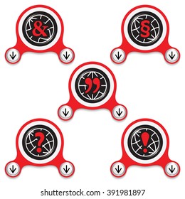 Red abstract icons and different typographic symbols