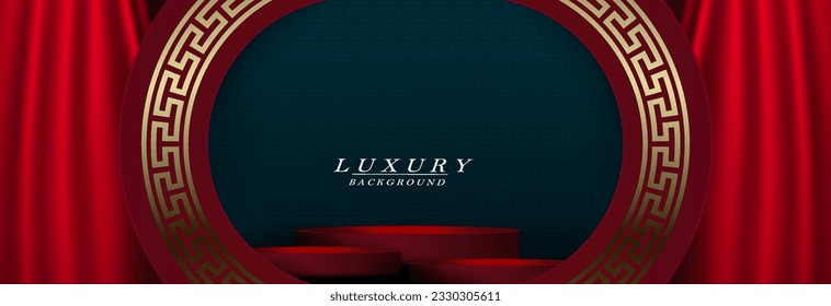 Ilustración abstracta roja con un escenario y un marco en un matiz dorado