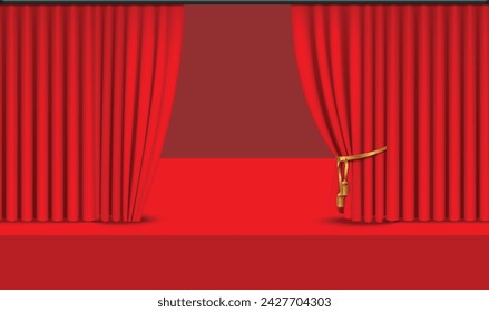 Red Abstract illustration for stage showcase with copy space. Red stage, behind a red royal curtain and red background. Editable template. EPS 10.