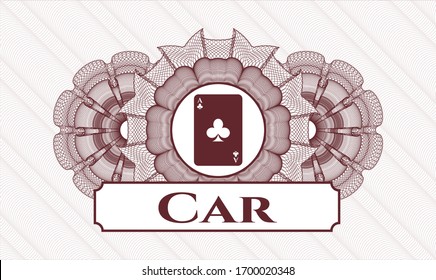Red abstract linear rosette with ace of clover icon and Car  text inside